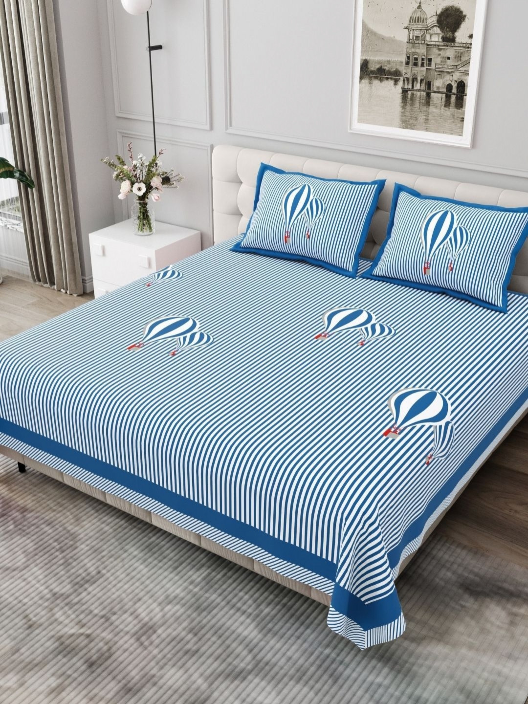 BED-SHEET.COM Blue Striped Cotton 254 TC King Fine Bedsheet with 2 Pillow Covers-118 x 118 inches