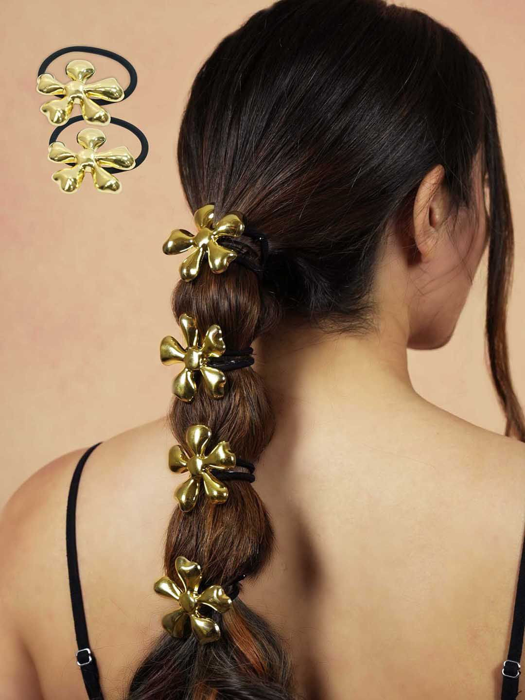HAIR DRAMA CO. Women Set of 2 Gold-Toned Floral Ponytail Holders