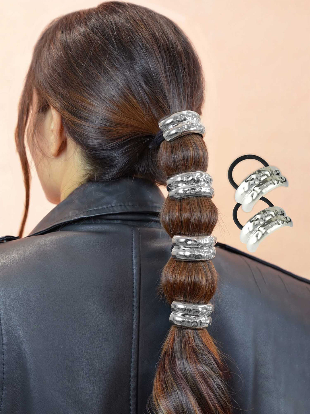 HAIR DRAMA CO. Women Set of 2 Silver-Toned Hammered Halo Cuff Ponytail Holder