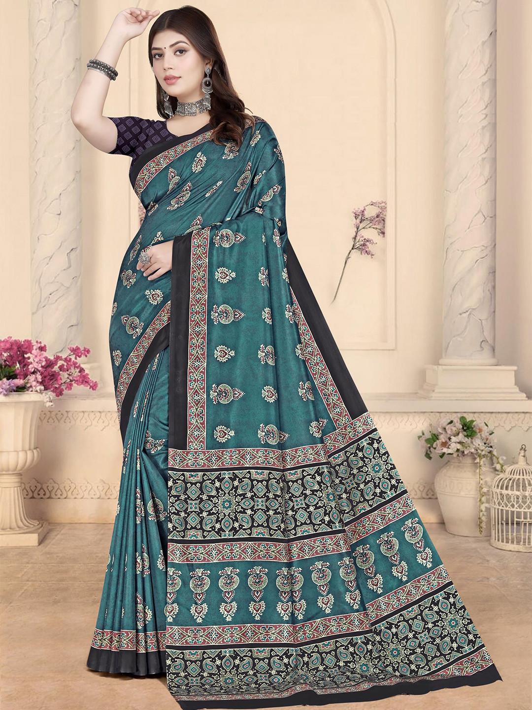 WEAREZEE Ajrak Block Silk Blend Designer Mysore Silk Saree