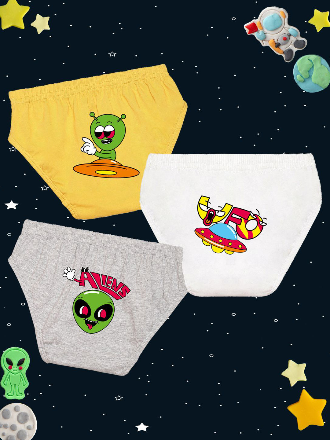 NUSYL Boys Pack Of 3 Aliens & Spaceship Printed Cotton Basic Briefs - NUBCBRFPO3.0135