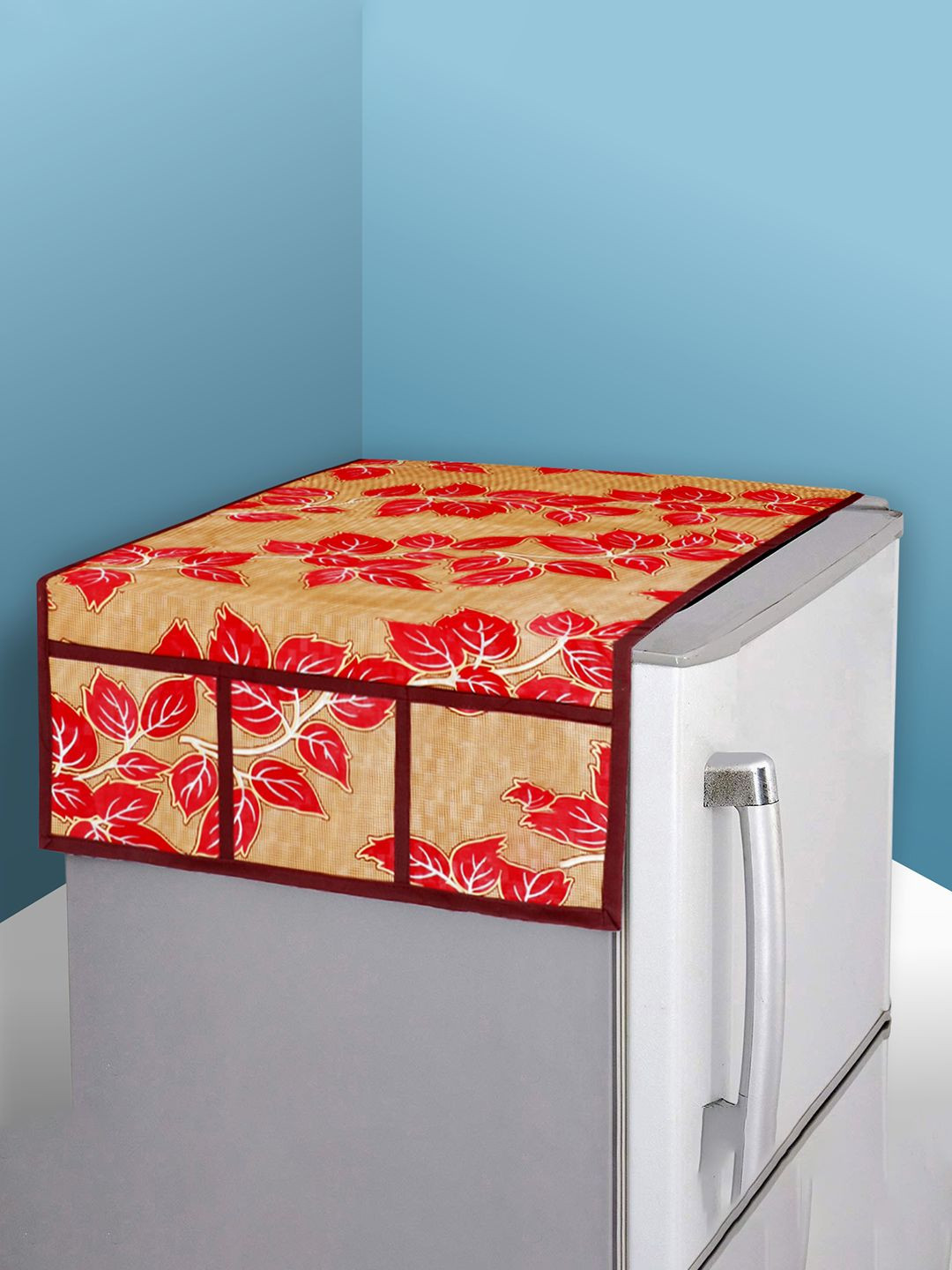 Kuber Industries Red & Beige Leaf Printed Fridge Top Appliance Cover