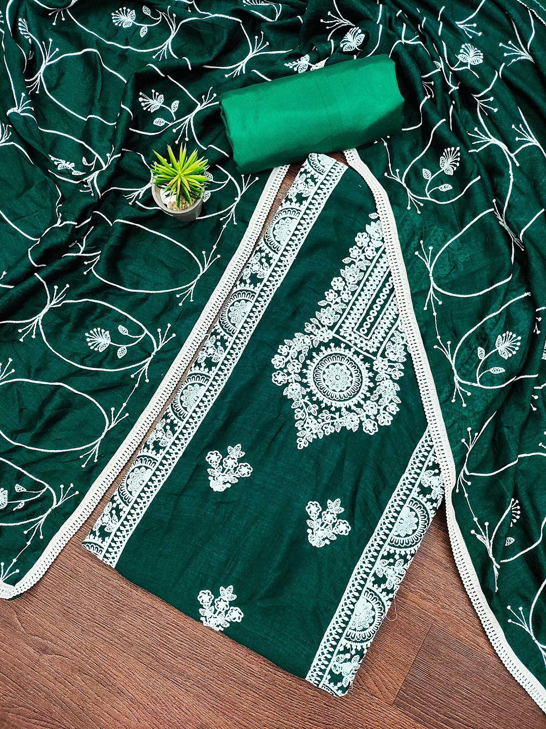 SAINOOR Floral Embroidered Thread Work Silk Unstitched Dress Material