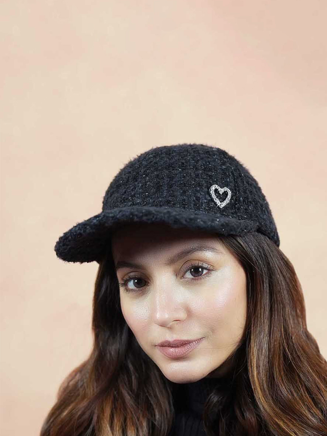 HAIR DRAMA CO. Women Tweed Baseball Cap with Heart Charm Black
