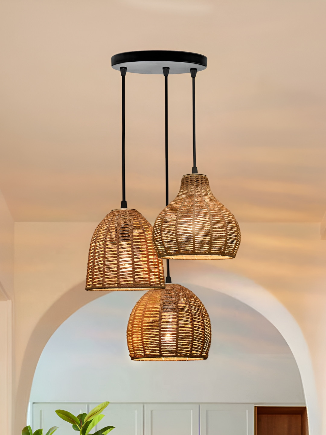 Homesake Beige & Black Self Design Rustic Chandelier Engineered Wood Ceiling Lamp