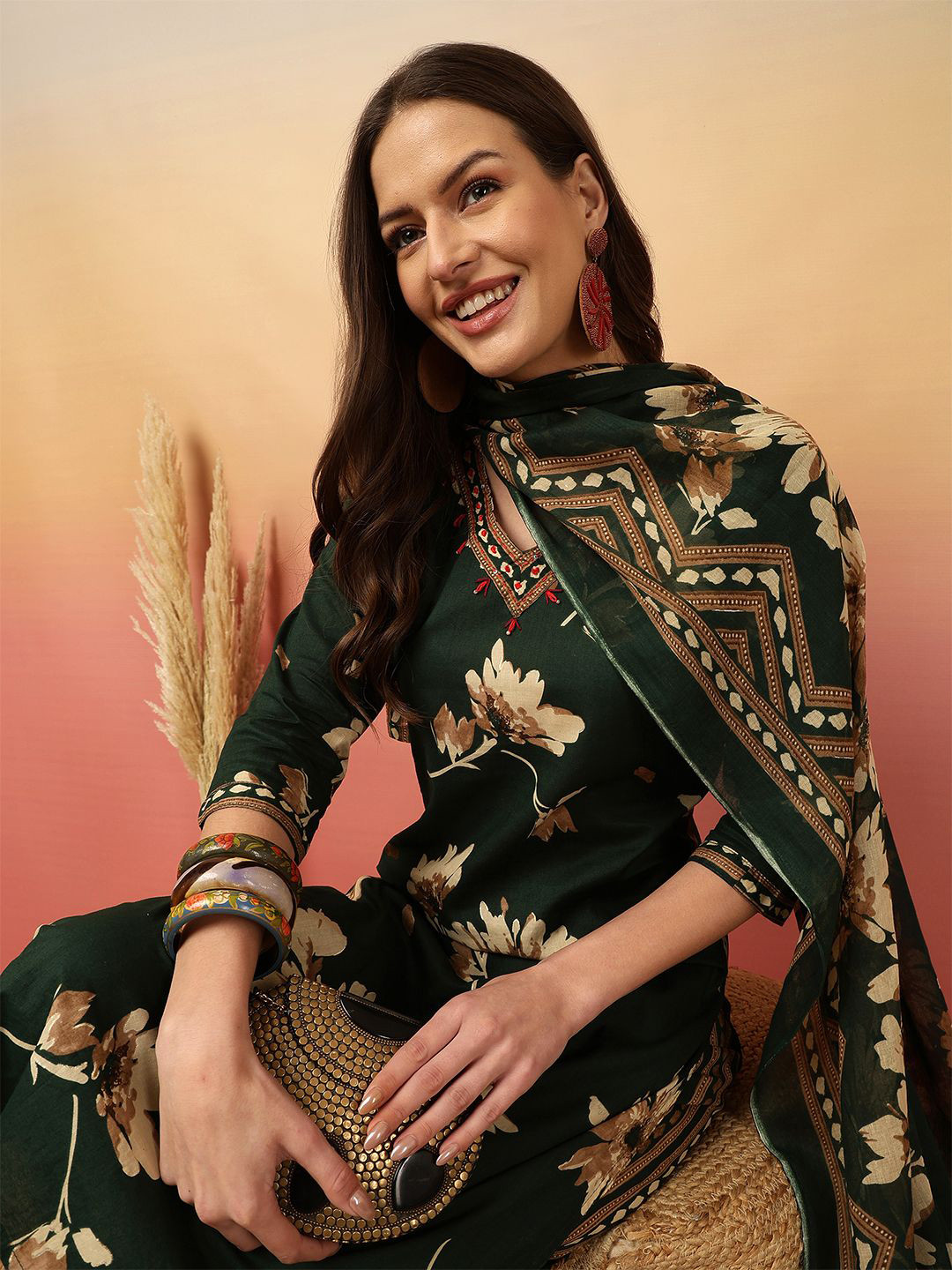 Sangria Floral Printed Adda Work Cotton Straight Kurta With Printed Trouser & Dupatta