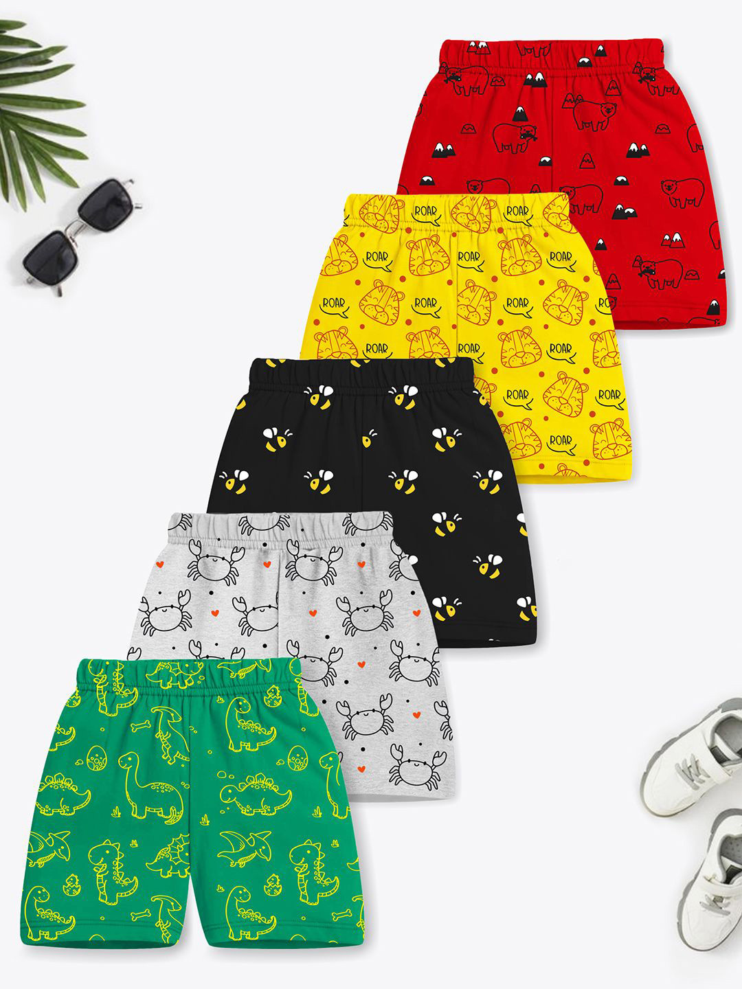 YK X Trampoline Kids Pack of 5 Typography All over Printed Shorts