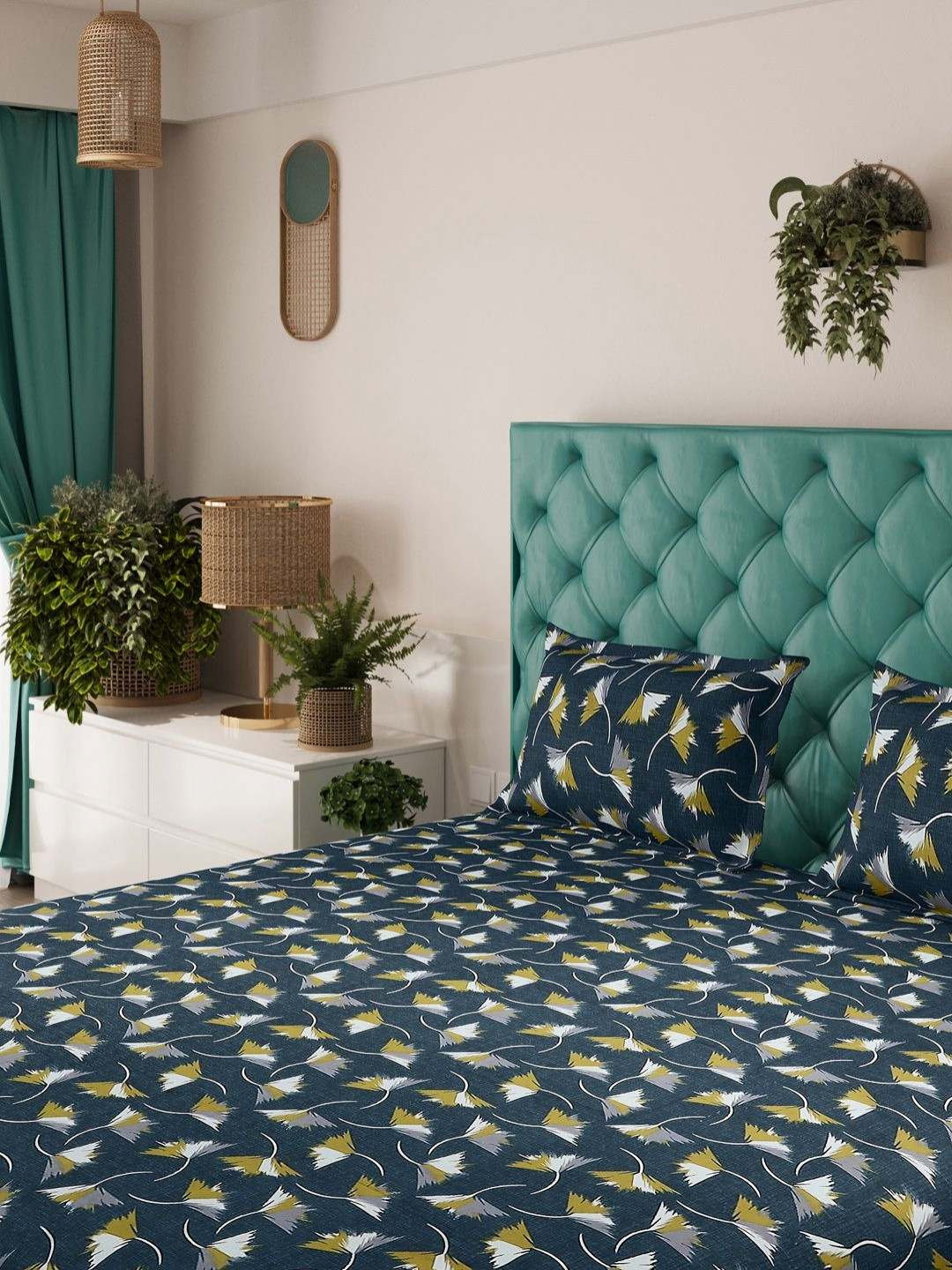 Status Green Floral Microfiber 144 TC Fitted King Bedsheet with 2 Pillow Covers-330 x 220 cm