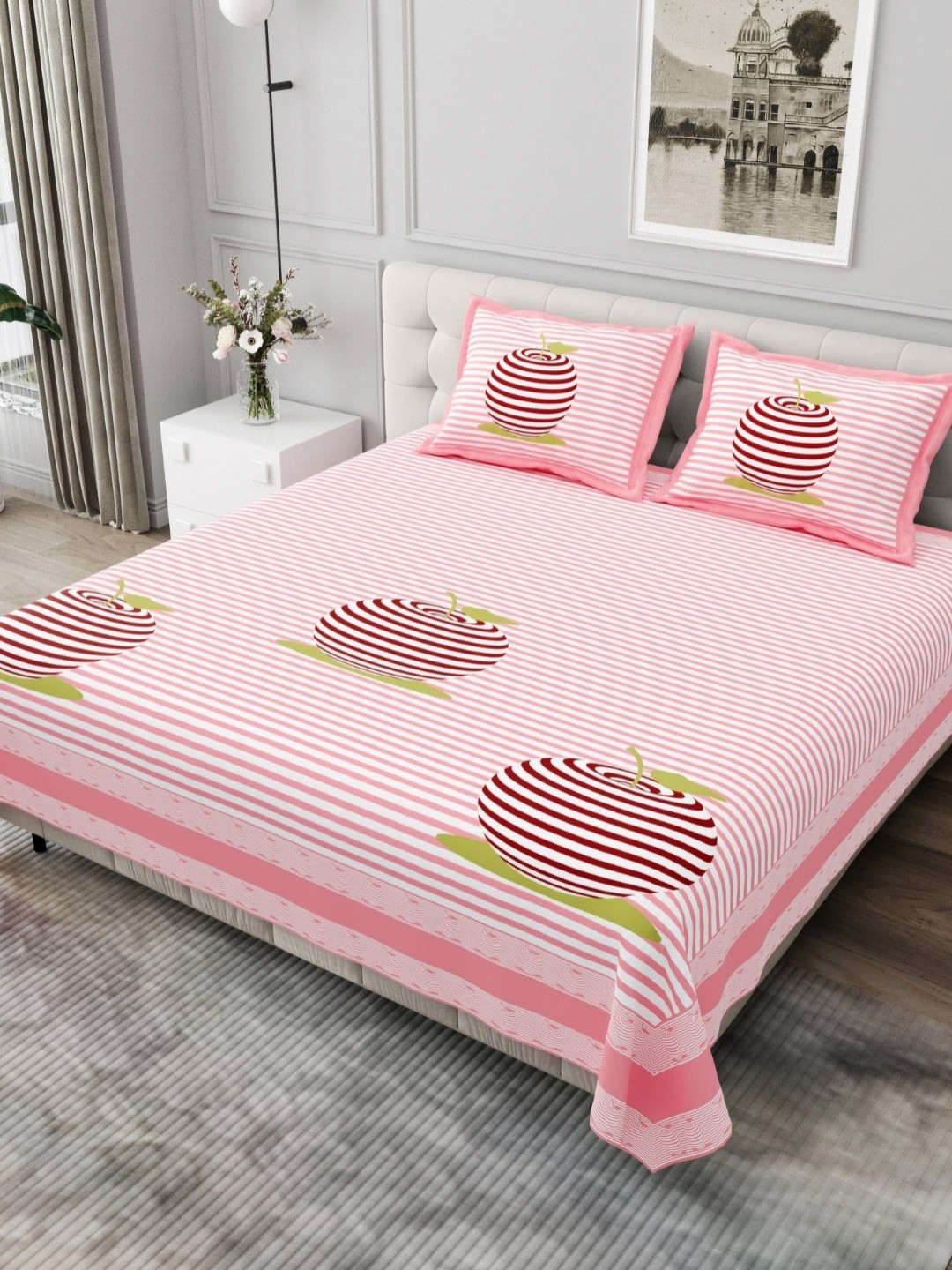 BED-SHEET.COM Pink Striped Pure Cotton 240 TC King Fine Bedsheet with 2 Pillow Covers-118 x 118 inches
