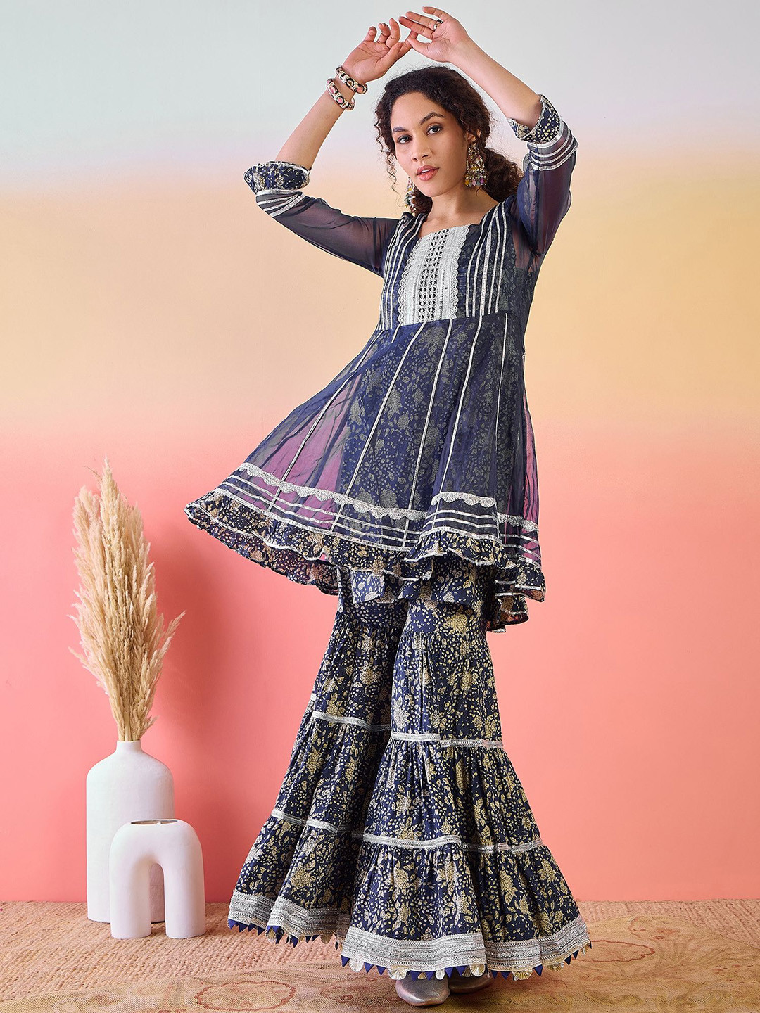 Sangria Printed Gotta Patti Square Neck Pure Cotton Anarkali Kurti With Sharara
