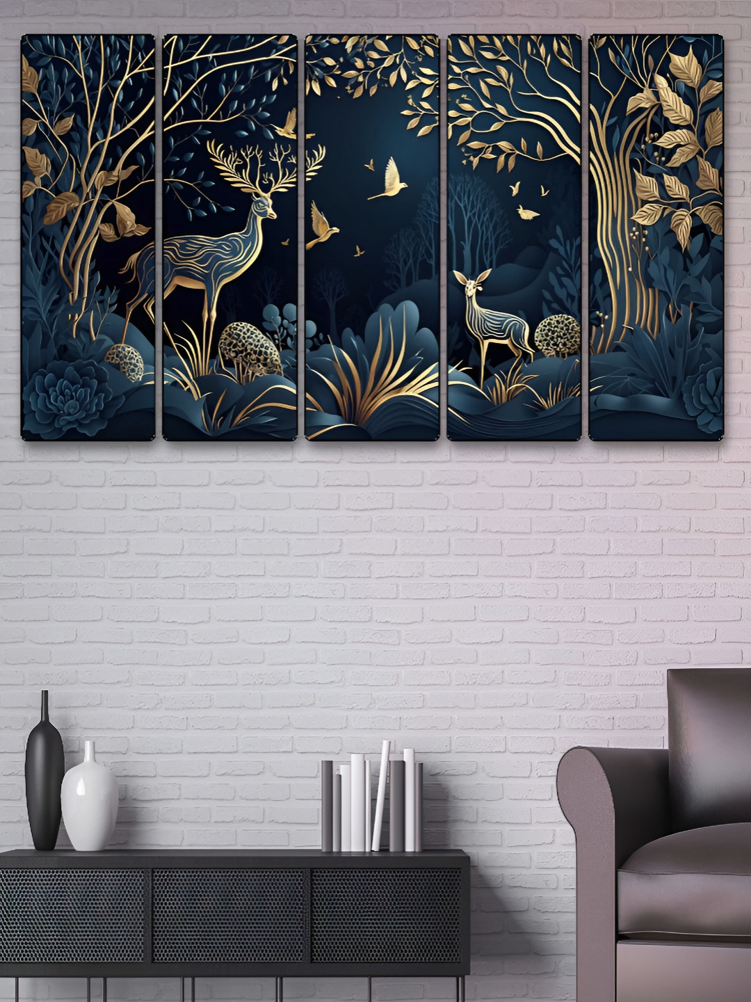 Myntra Elegant Homes Couple Deer Wood 5 Piece Rectangle Paintings Wall Art - 60 x 30 In