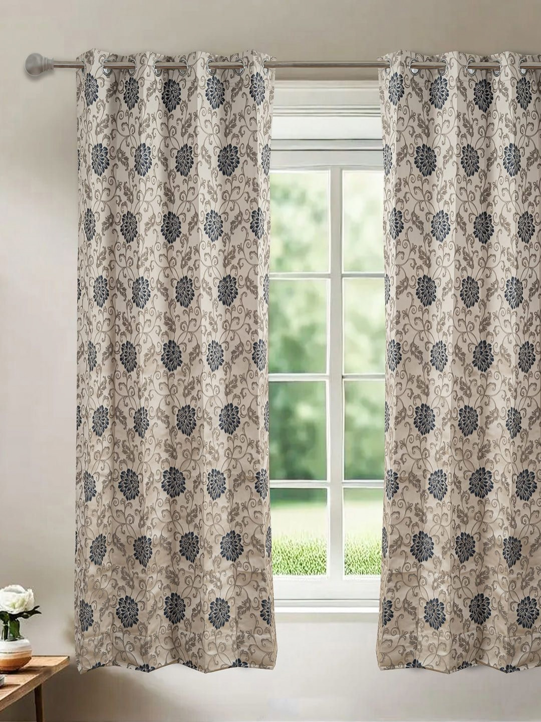 Floating Walls Furnishings Brown & Blue Floral Printed Window Curtain