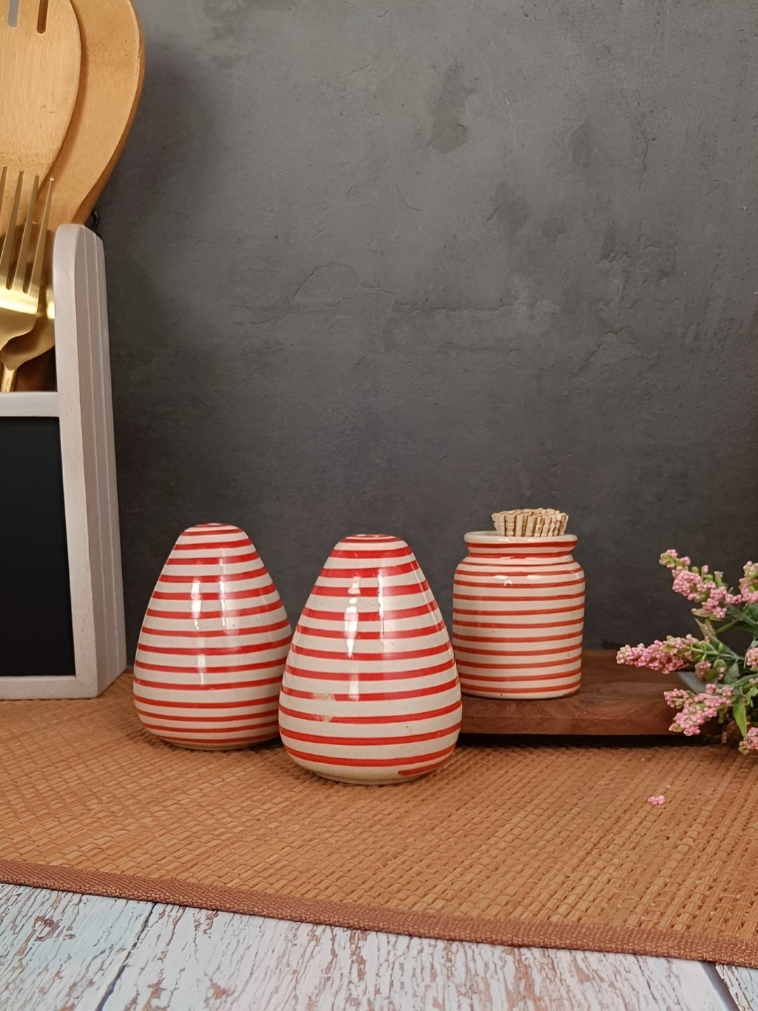 Myntra Elegant Homes Red Ceramic Salt & Pepper Shakers With Toothpick Holder