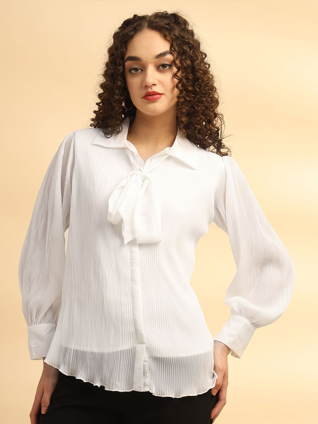 Justin Whyte Tie-Up Neck Georgette Shirt Style Top