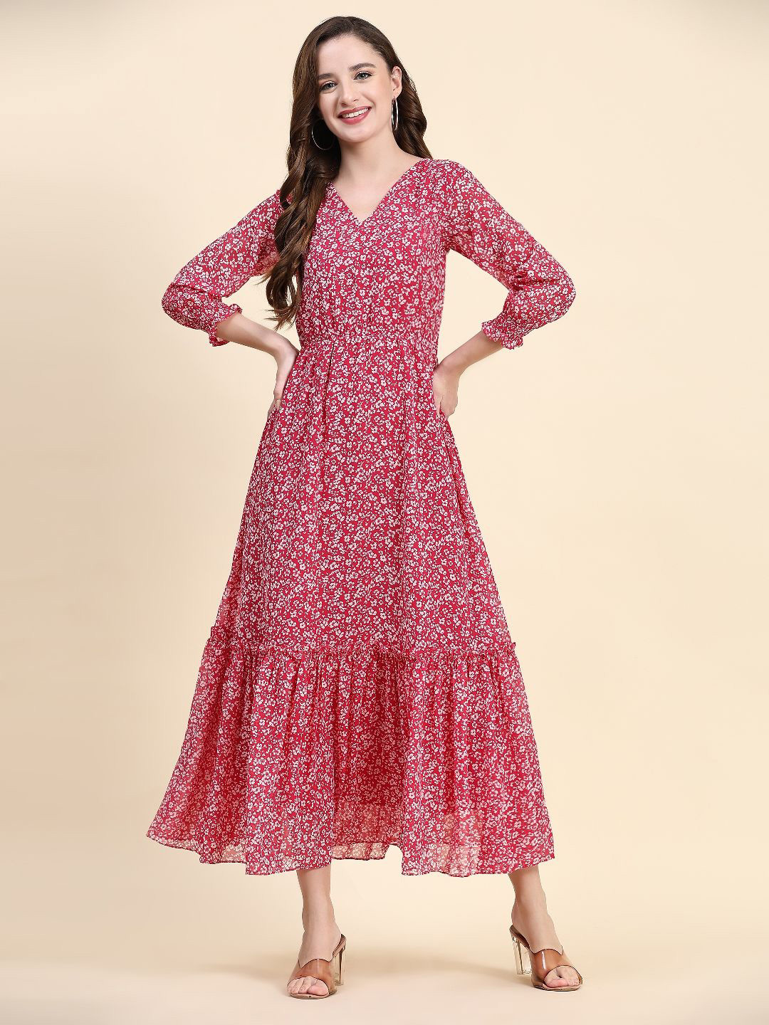 KERI PERRY Printed Ruffled Georgette V Neck Fit & Flare Maxi Dress