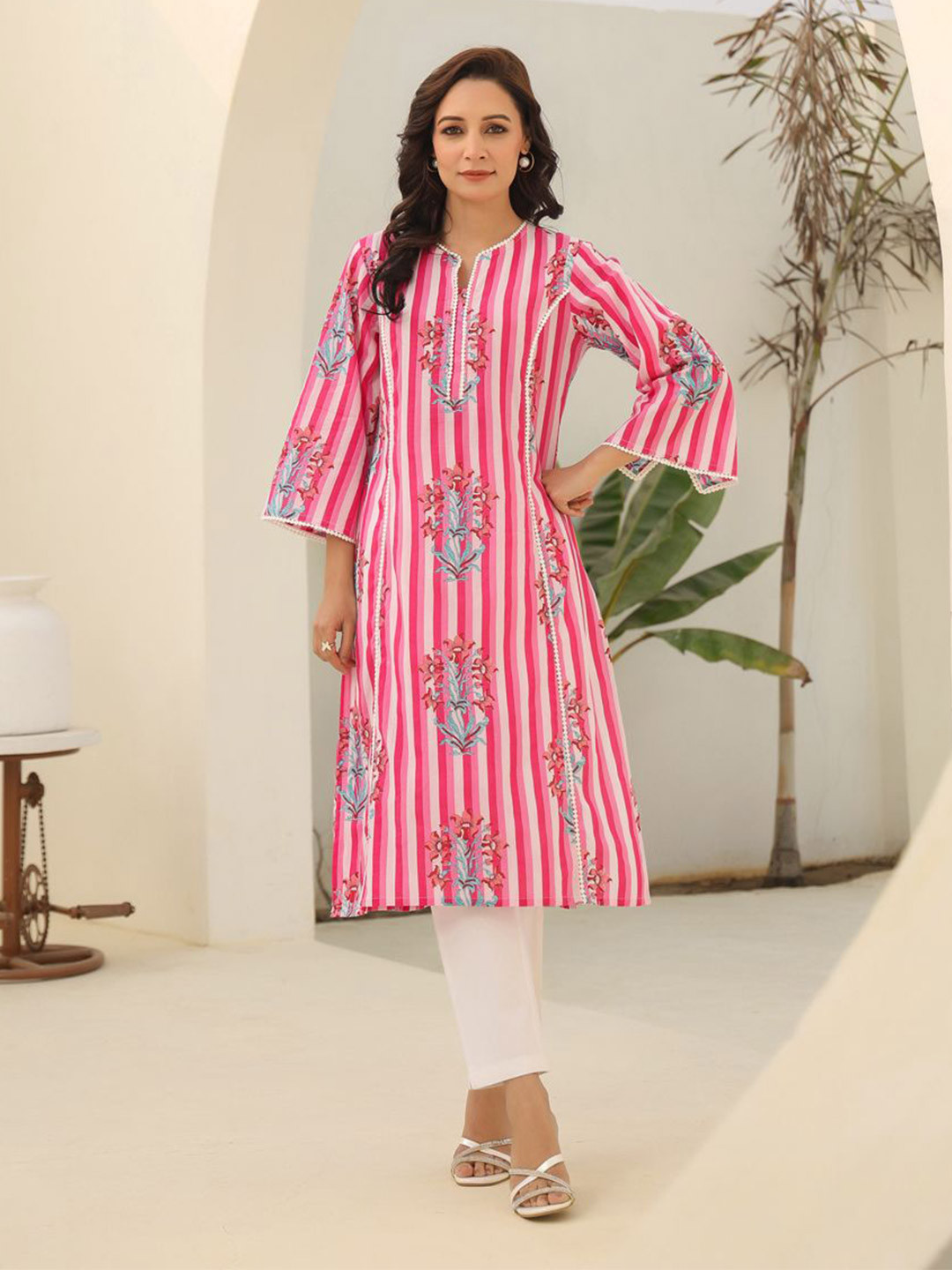 Rain & Rainbow Women Striped Printed Pure Cotton Flared Kurta