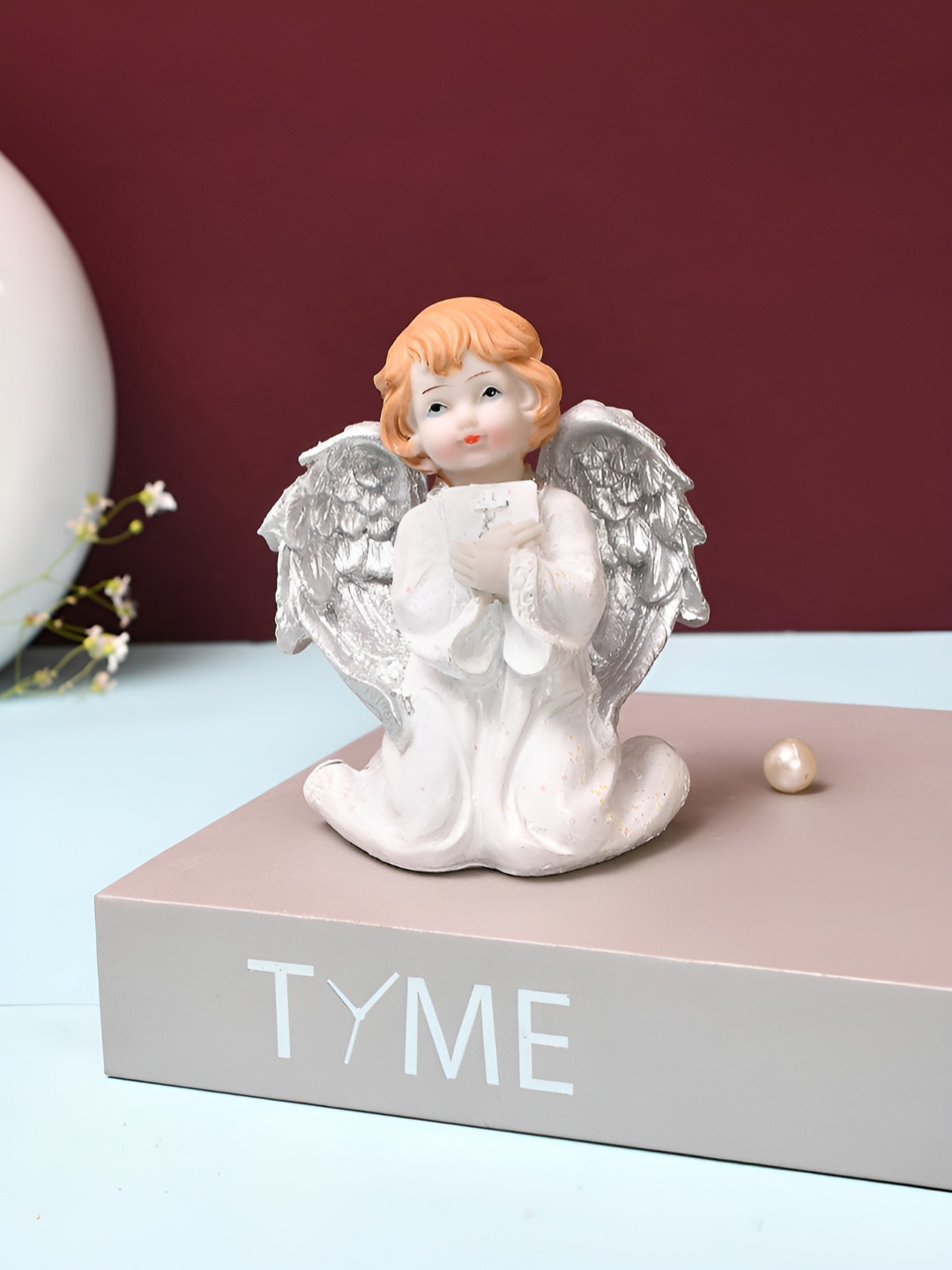 TAYHAA Winged Kneeling Angel Silver Polyresin Matte Prayer Room Small Showpiece - 4.5 Inches
