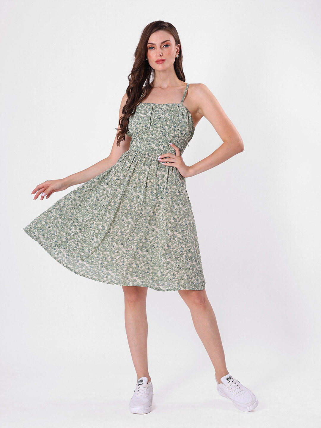 Green Floral Print Tie-Up Neck Georgette A-Line Dress