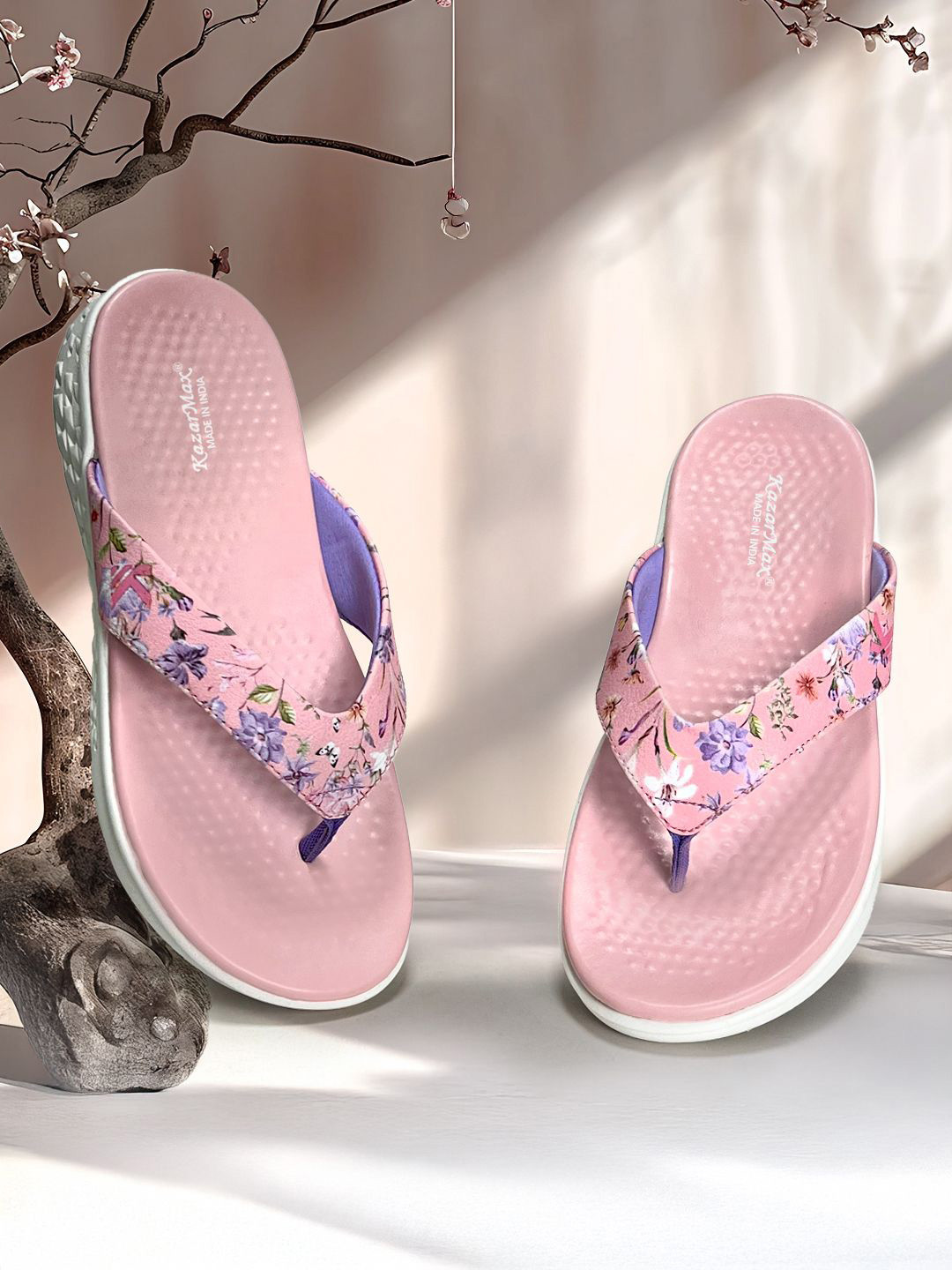 KazarMax Women Peach Floral Print Thong Slippers Flip Flops