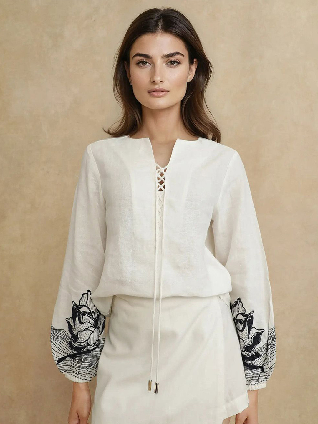 RAREISM JANBO Women Floral Embroidered Tie-Up Neck cuffed Sleeves Top