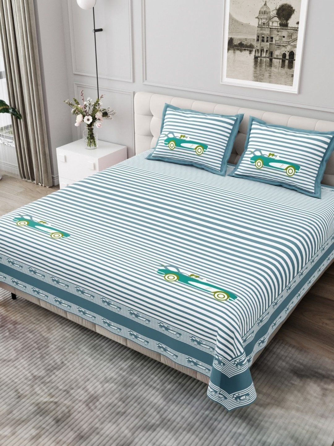 BED-SHEET.COM Blue Striped Cotton 250 TC King Fine Bedsheet with 2 Pillow Covers-118 x 118 inches