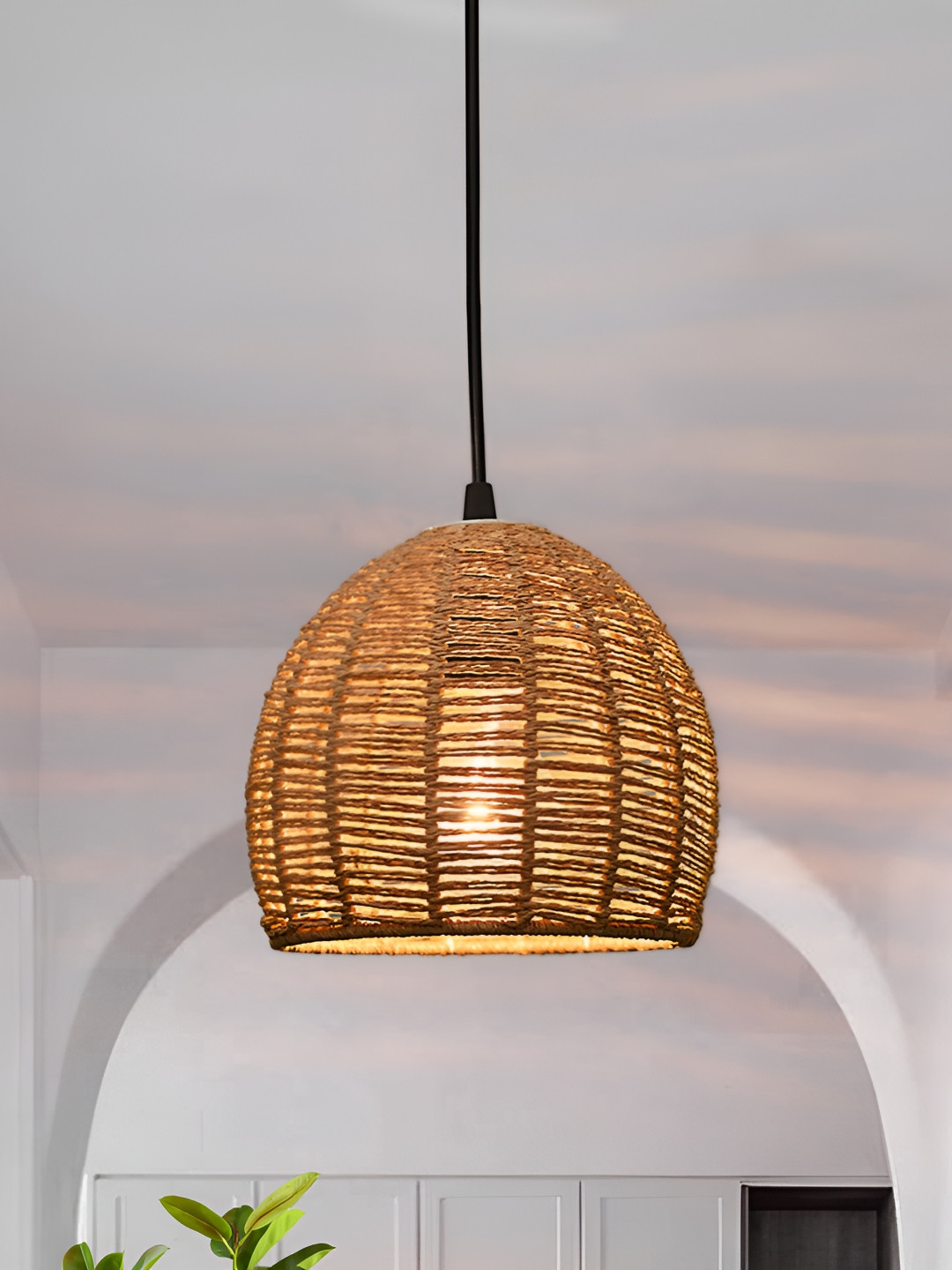 Homesake Beige & Black Self Design Rustic Chandelier Engineered Wood Ceiling Lamp