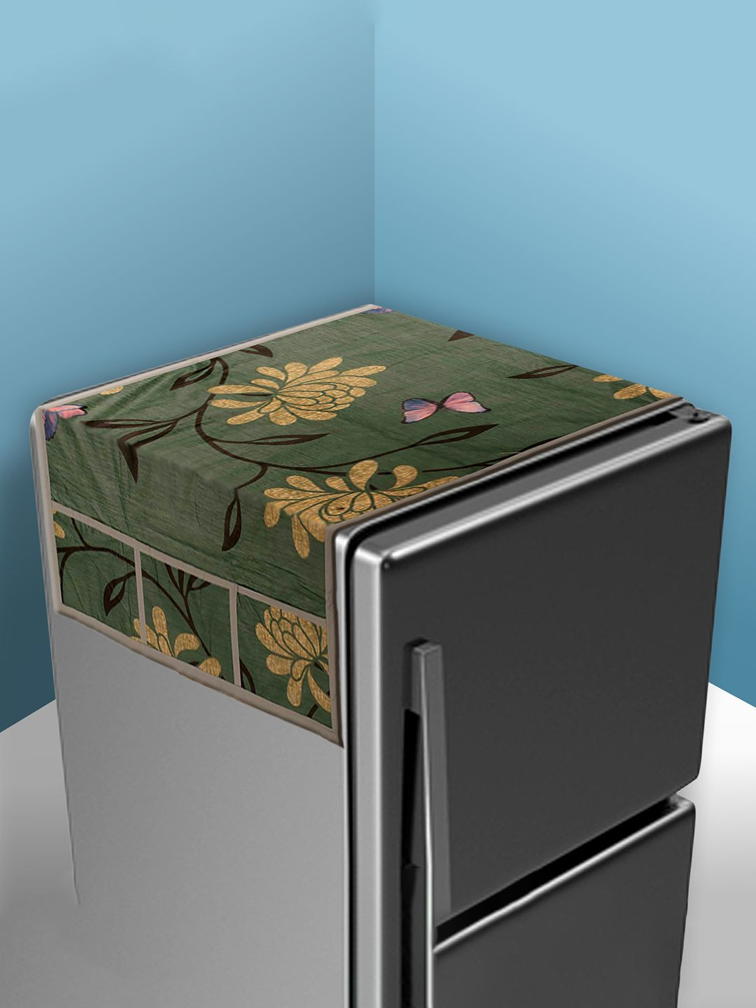 Kuber Industries Green & Beige Flower Printed Fridge Cover With 6 Pockets Appliance Covers