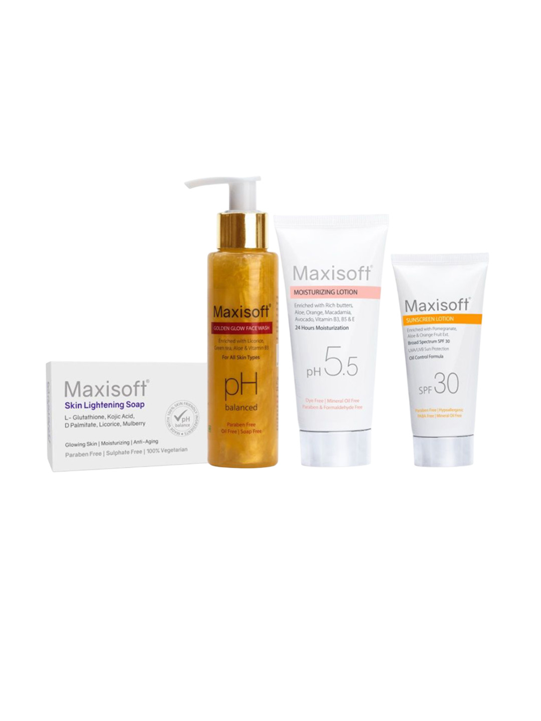 Maxisoft Set Of 4 Lightening Soap, Golden Glow Face Wash, Moisturizing Lotion & Sunscreen