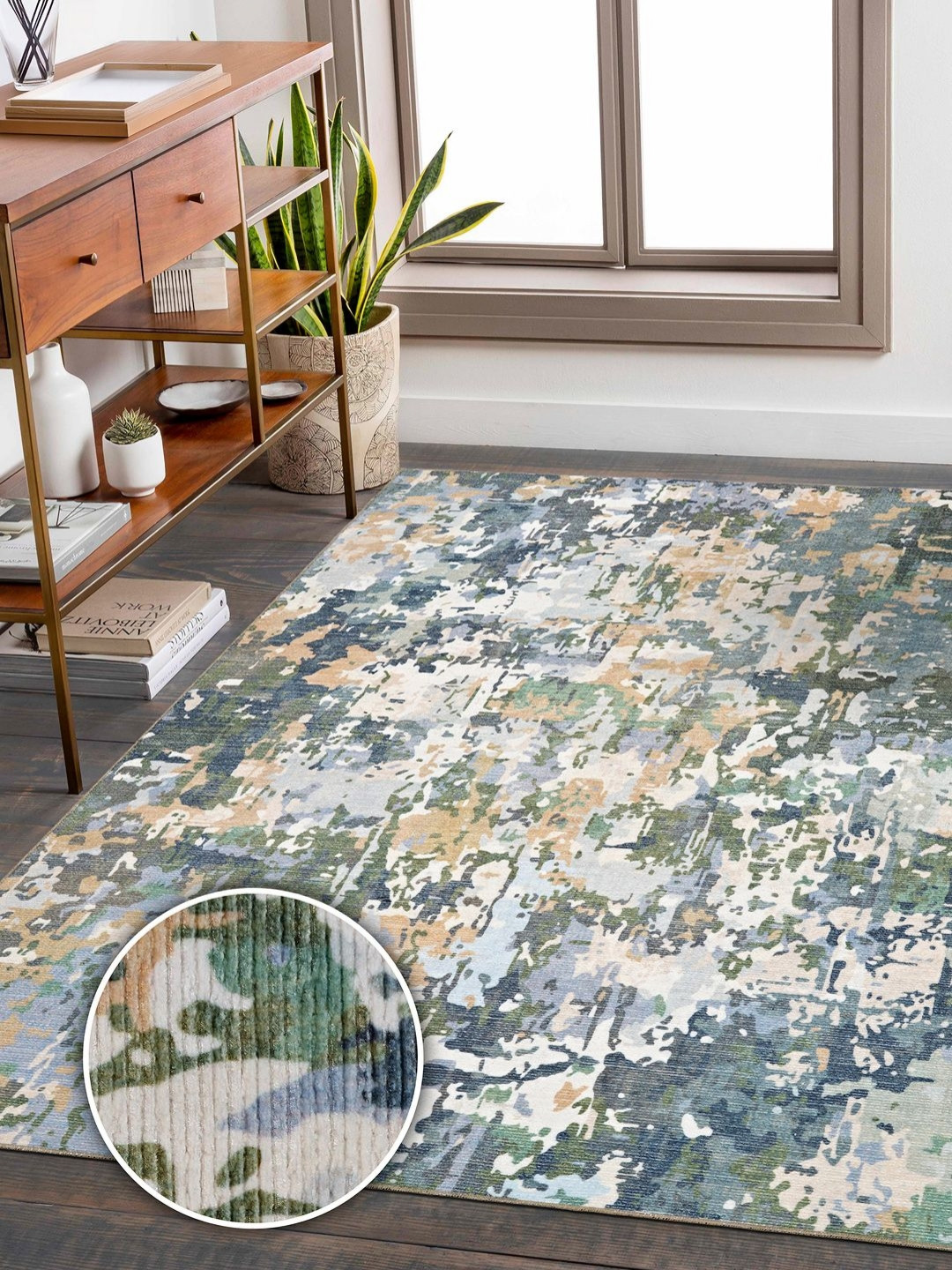 Kaleen India Green & White Abstract Printed Anti-Skid Carpet