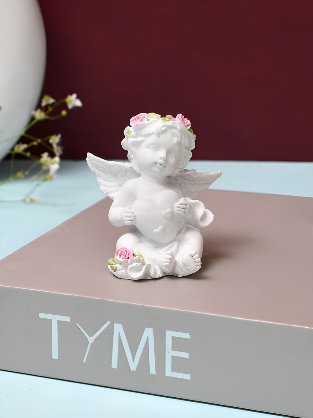 TAYHAA Angel with Heart Motifs Pink Polyresin Matte Living Room Small Showpiece - 2.6 Inches