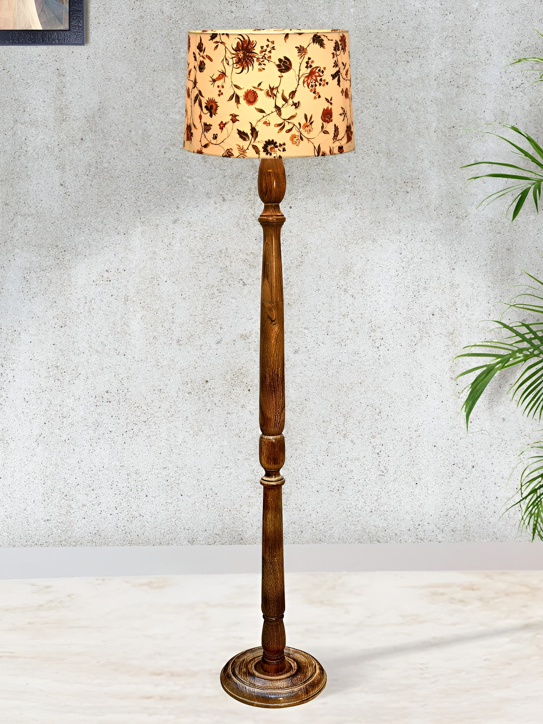 Homesake Rustic Off-White & Brown Printed Wooden Cylinder Shaped Floor Lamp With Shade