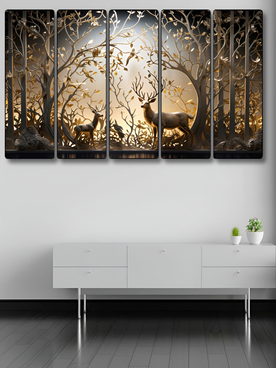 Myntra Elegant Homes Couple Deer Wood 6 Piece Rectangle Paintings Wall Art - 60 x 30 In