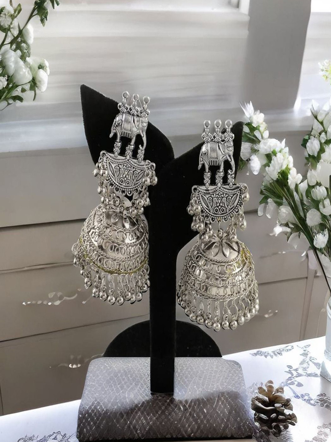Sangria Silver Plated Elephant Style Banjara Oxidised Jhumkas