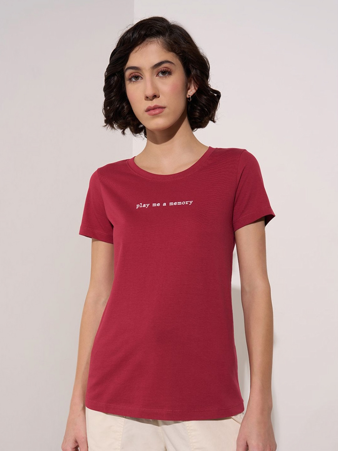 Honey by Pantaloons Women Typography Printed Extended Sleeves Pockets T-shirt