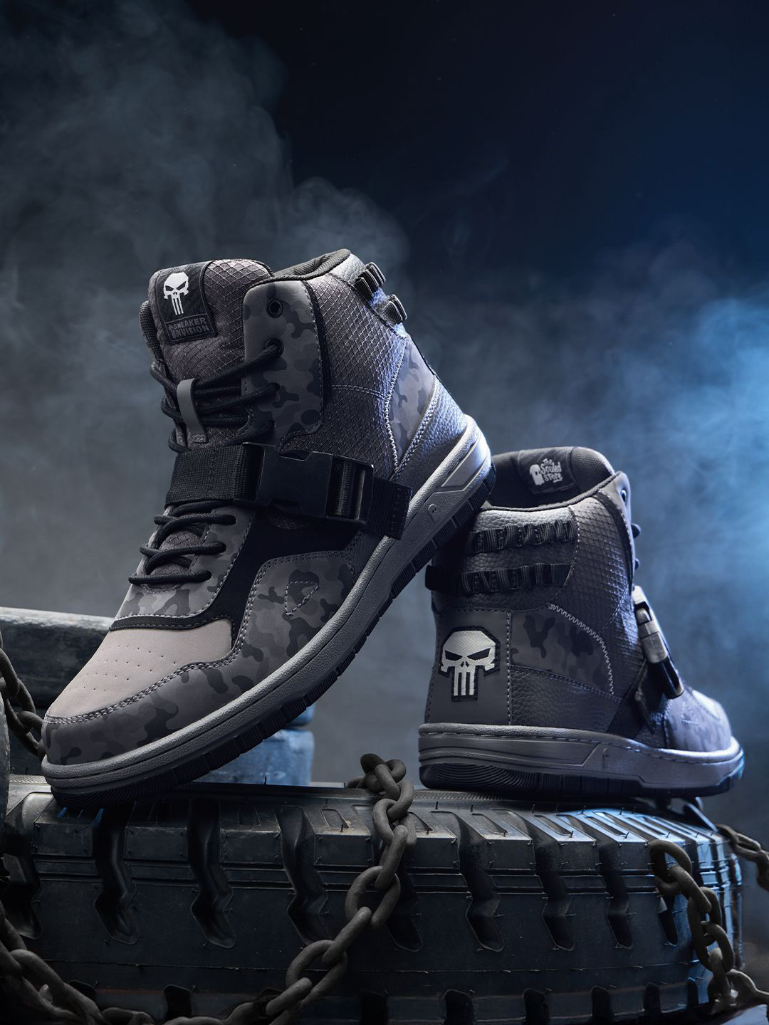 The Souled Store Men Punisher Printed PU High-Top Sneakers