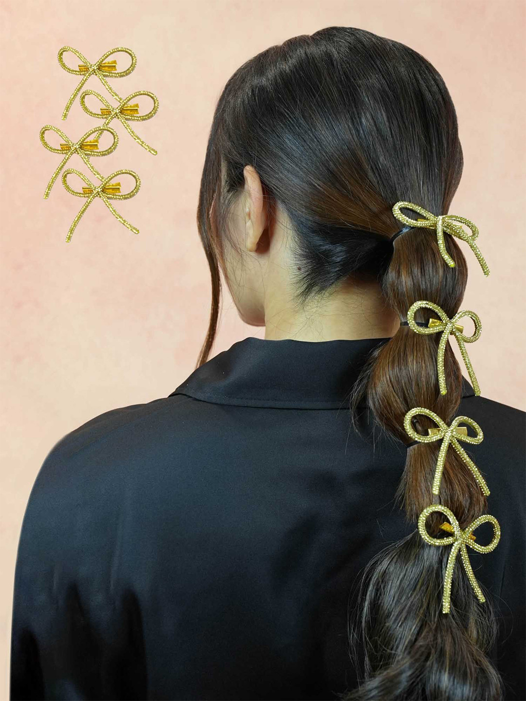 HAIR DRAMA CO. Women Set of 4 Gold toned Crystal Embellished Hair Bows Alligator Clip
