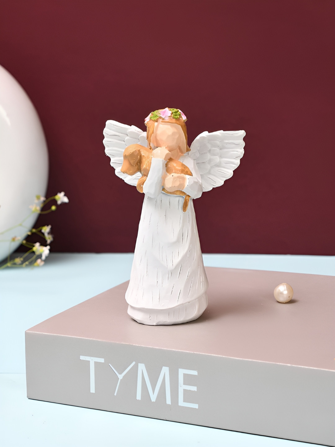 TAYHAA Angel Holding A Sleeping Dog Brown Polyresin Matte Living Room Small Showpiece - 4.7 Inches