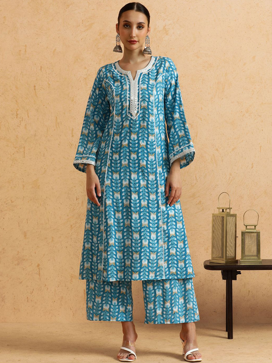 STYLEBAAZI Floral Printed Notch-Neck A-Line Mirror Work Pure Cotton Kurta With Trousers