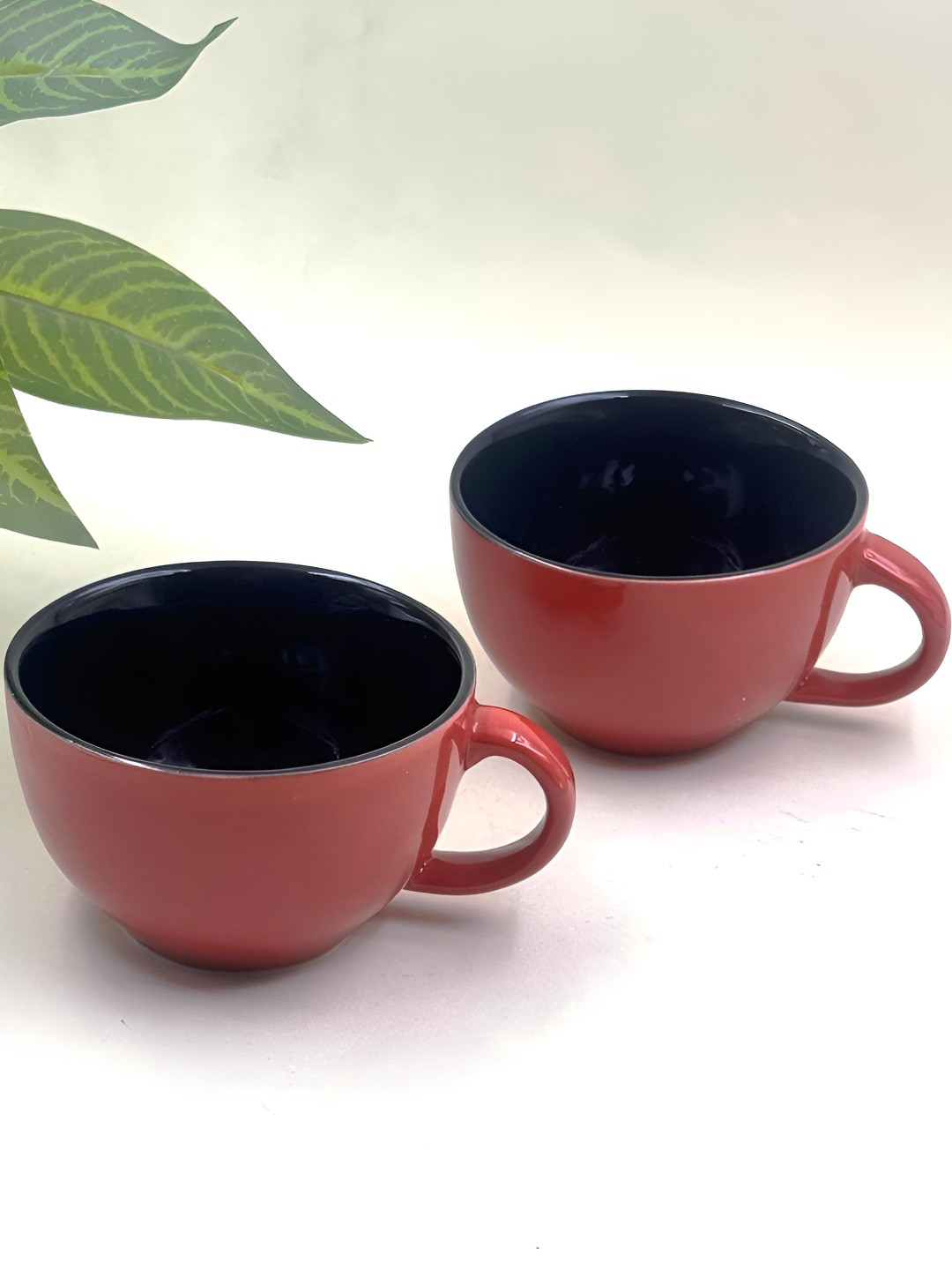 Lupaava Maroon & Black 2 Pieces Ceramic Glossy Serving Bowls With Spoons -350 ml Each