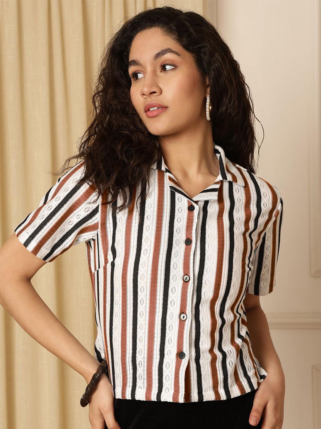 AKIMIA Striped Mandarin Collar Sheer Lace Shirt Style Crop Top