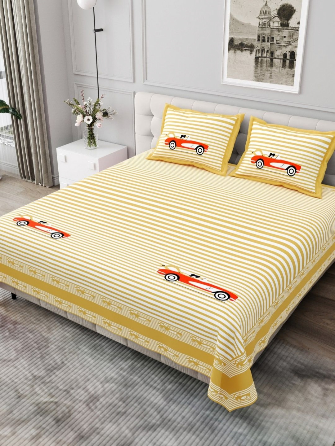 JAIPUR FABRIC Yellow Striped Cotton 254 TC King Fine Bedsheet with 2 Pillow Covers-108 x 90 inches