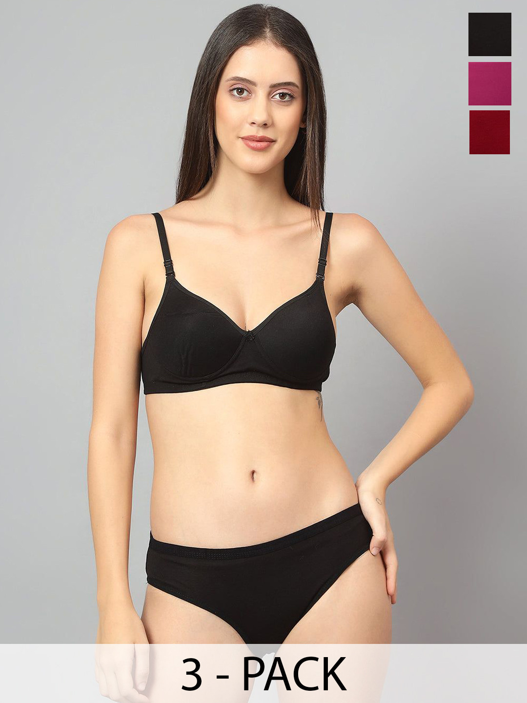 Designer Bugs Women Pack Of 3 Cotton Non Padded Non Wired Lingerie Set NPLS-B-DP-M-30B