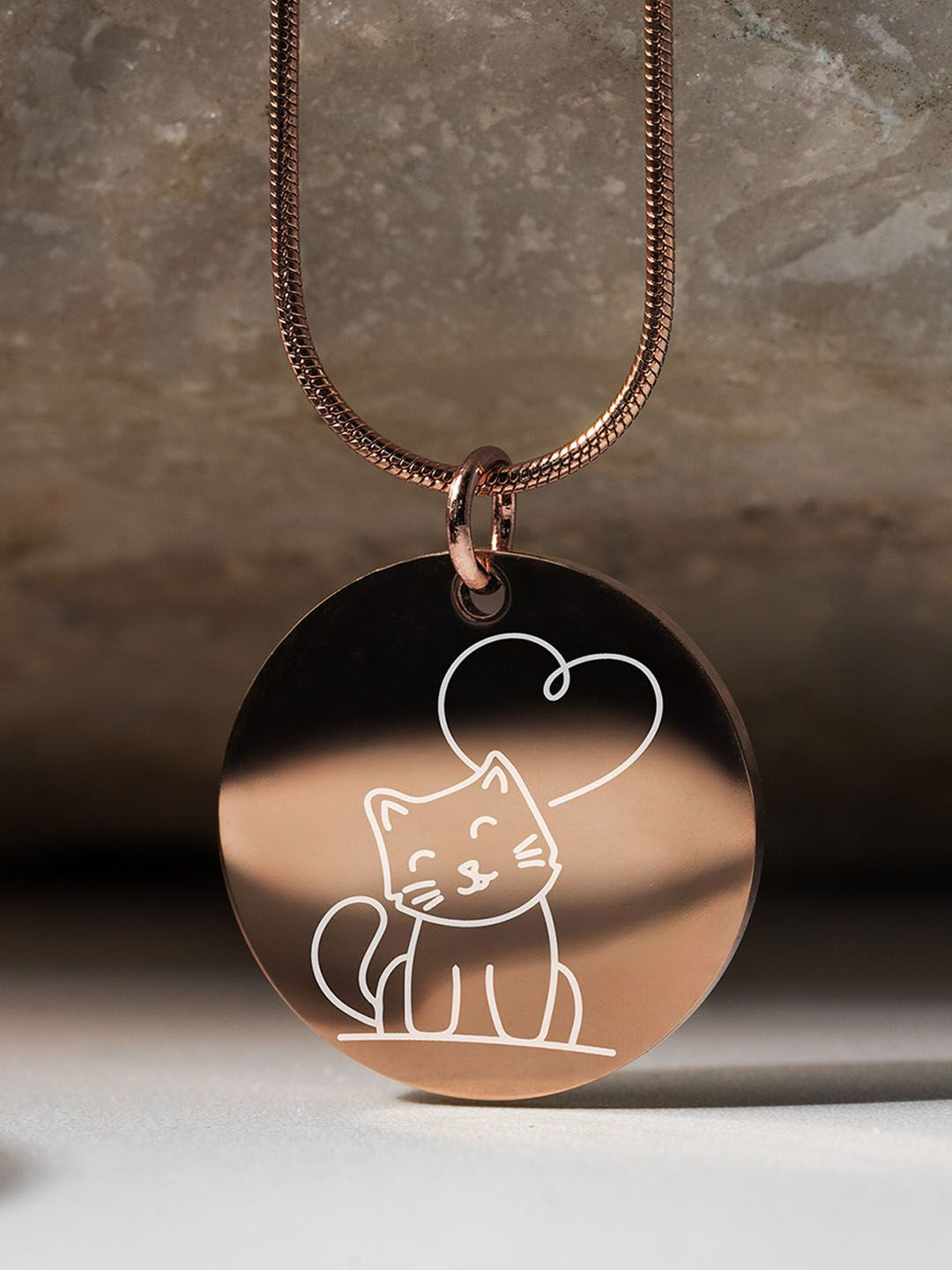 Mesmerize Rose Gold Plated Cut Cat Design Circle Shape Pendant With Chain