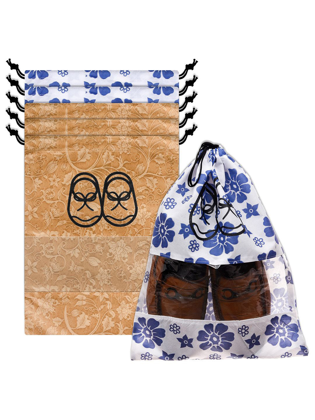 Kuber Industries White & Blue Pack of 6 Floral Printed Non-Woven Shoe Cover WithDrawstring