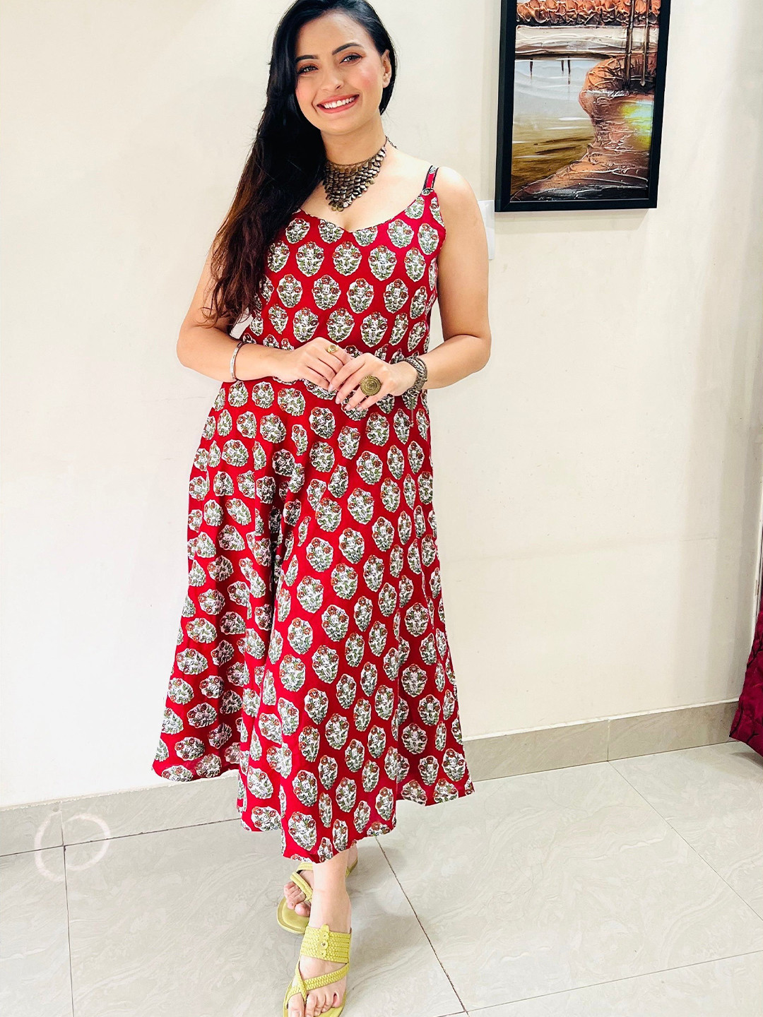 THE VASILIKI Sangria Red Print Knee Apron Dress