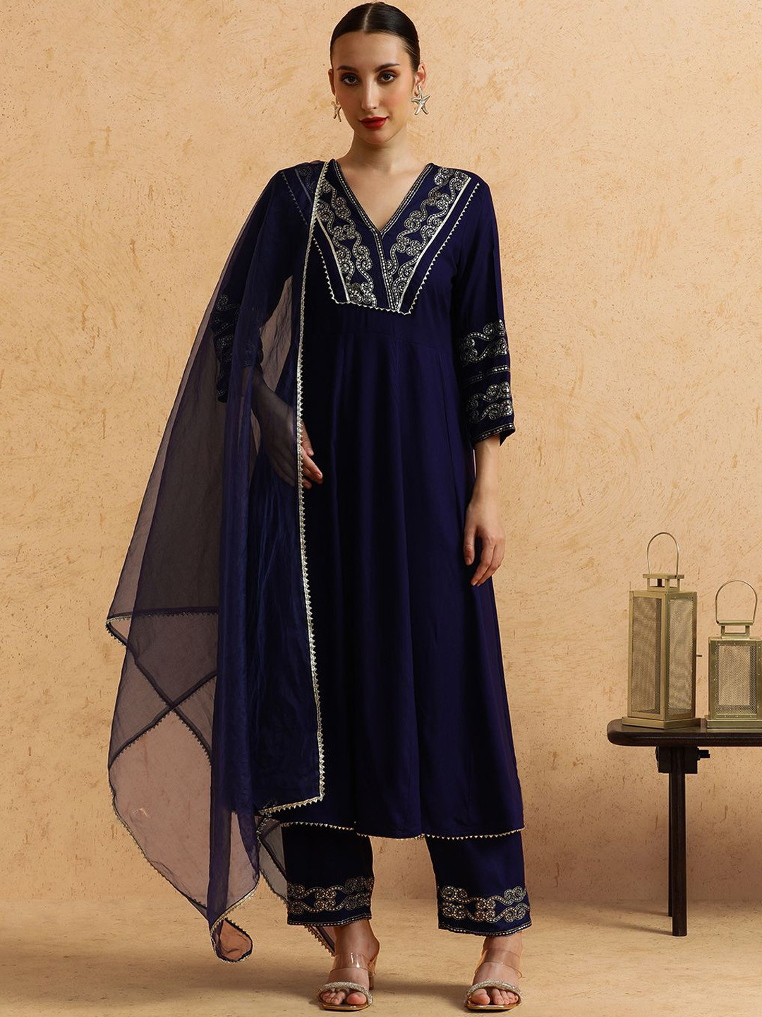 STYLEBAAZI Floral Embroidered V-Neck A-Line Thread Work Kurta With Trousers And Dupatta