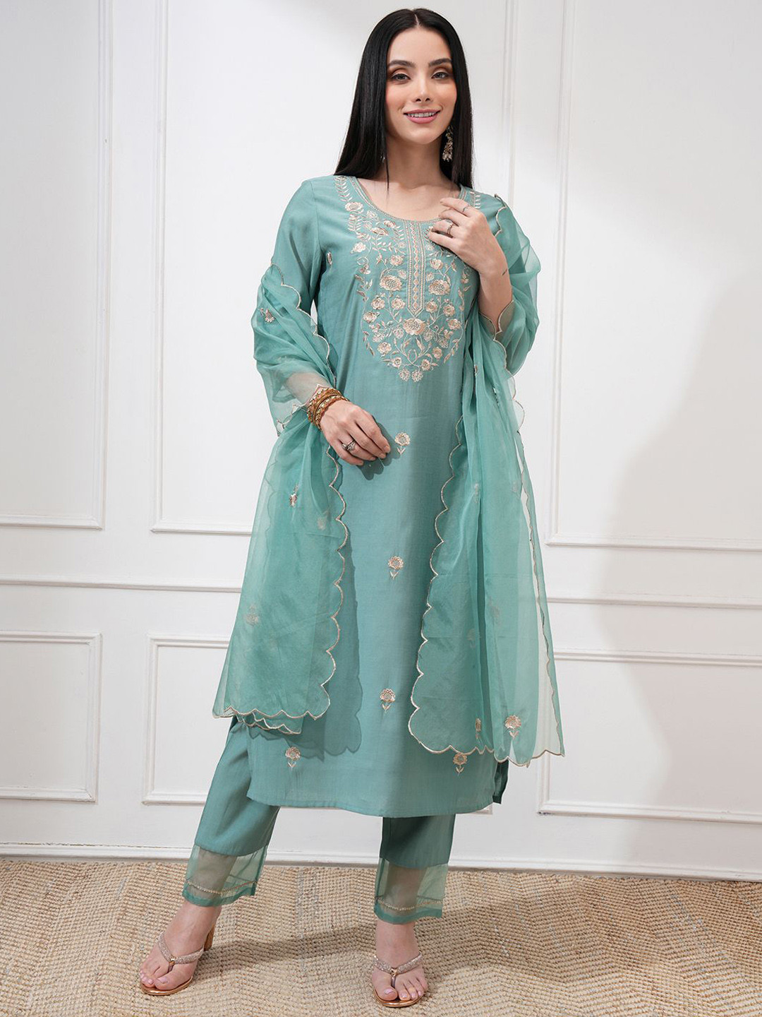 Vishudh Women Sea Embroidered New Roman Kurta with Bott0m and Nylon Organza Dupatta
