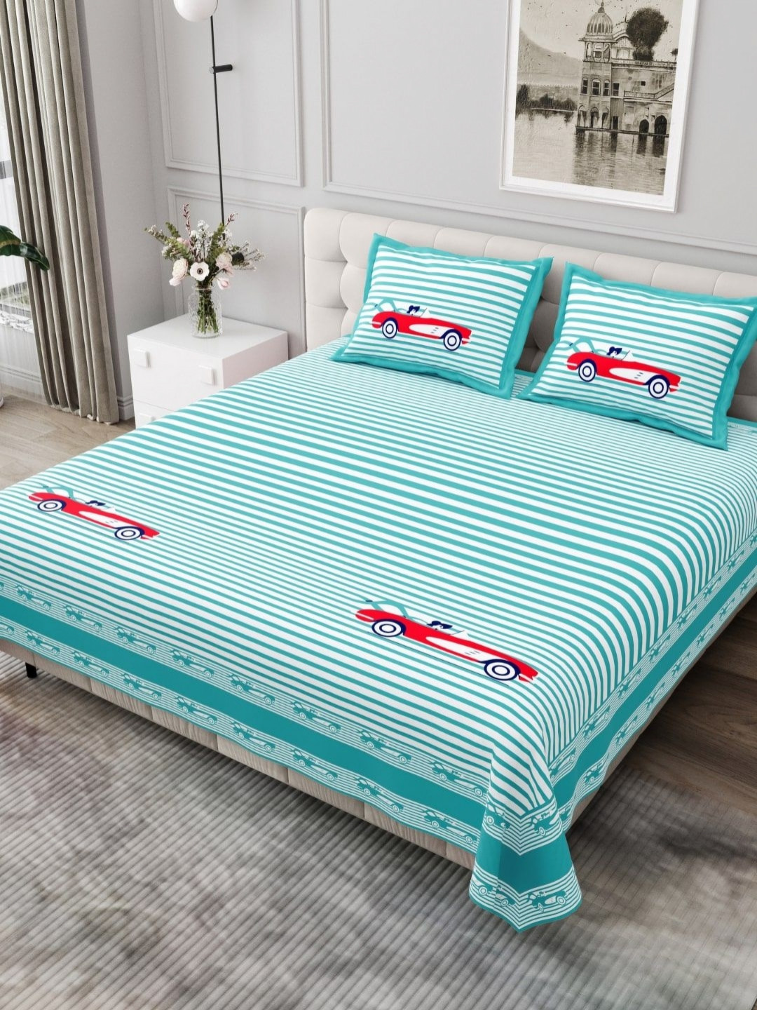 JAIPUR FABRIC Blue & White Striped Cotton 254 TC King Bedsheet Set 2.74m x 2.28m