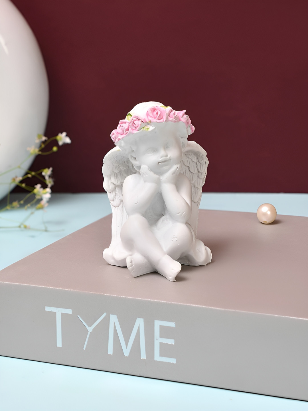 TAYHAA Angel Figurine with Floral Crown Pink Polyresin Glossy Living Room Small Showpiece - 3.5 Inches