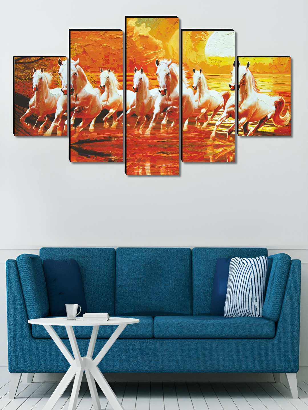 Aura White & Red 5 Pieces Wooden Running Horses  Wall Paintings